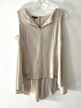 Theory Sleeveless 100% Silk Draped High Low V-Neck Flowy Blouse Top Beige Size 6